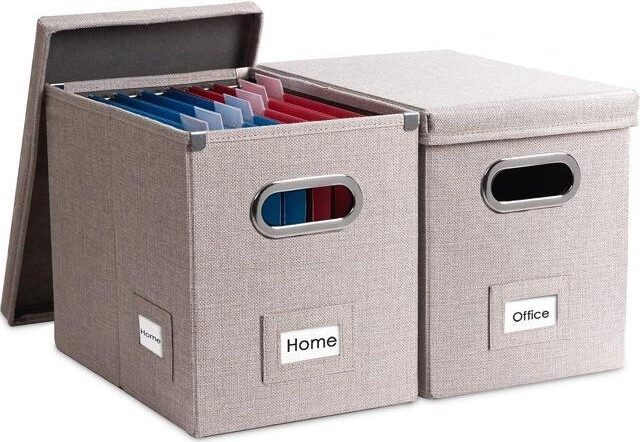 Xelite PRANDOM File Organizer Box - Set of 2 Collapsible Decorative Linen Filing Storage Hanging File Folders with Lids Office Cabinet Letter Size Light...
