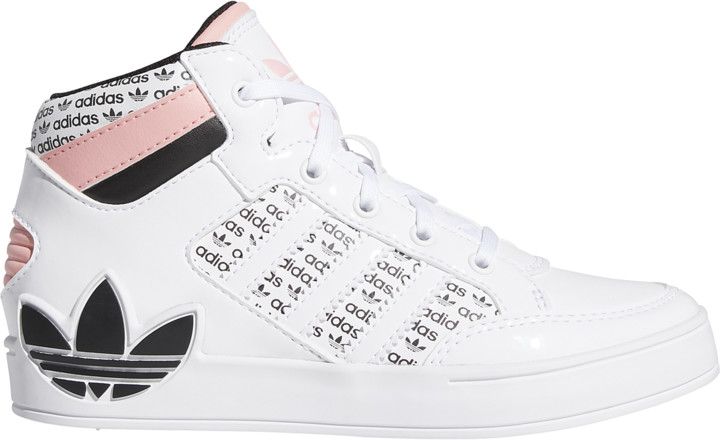 white adidas with pink stripes