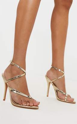 PrettyLittleThing Gold Patent Low Heel Toe Thong Ankle Strap Sandal