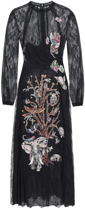 Valentino Point D'esprit-paneled Embroidered Silk-lace Midi Dress