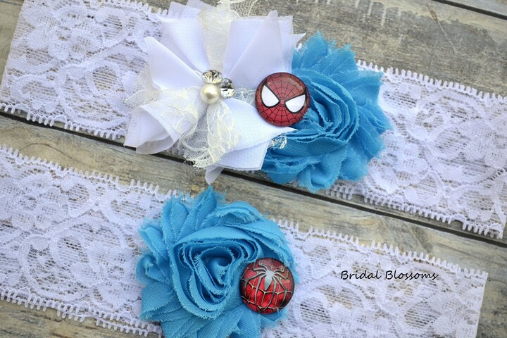 Spiderman Bridal Garter Set | White Blue Red Wedding Garters Flower Stretch Lace Keepsake Toss Superhero Spider Man Peter Parker