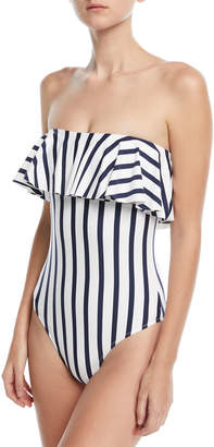 Milly Strapless Ruffle-Top Striped One-Piece Swimsuit