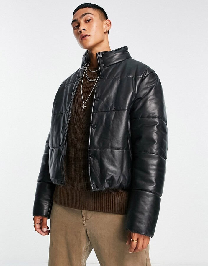 ASOS DESIGN real leather puffer jacket in black - ShopStyle