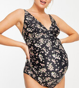 Thumbnail for your product : Peek & Beau Maternity Exclusive plunge swimsuit with scallop detailing in black base floral