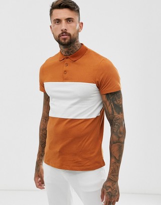 ASOS DESIGN polo shirt with contrast body panel in brown