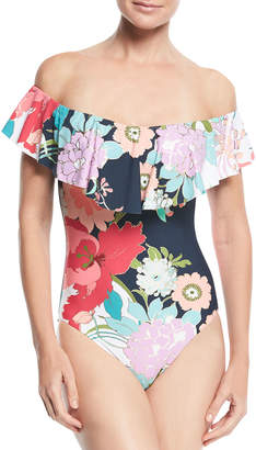 Trina Turk Royal Botanical Off-the-Shoulder Ruffle One-Piece Swimsuit