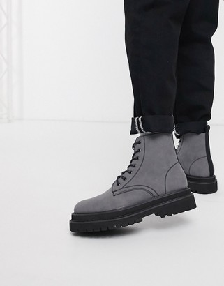 ASOS DESIGN lace up boots in grey faux leather on stacked chunky sole