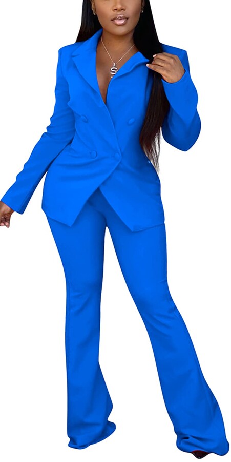 Frecoccialo 2 Piece Pant Outfits Silk Long Sleeve Belted Suit Sets for  Business Work Professional Blazer Pants Suits for Women Sexy Dressy Blue -  ShopStyle