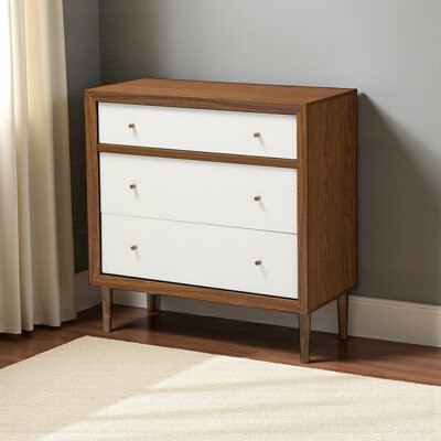 George Oliver Noma Modern Scandinavian 3-Drawer Chest in White and Walnut Wood