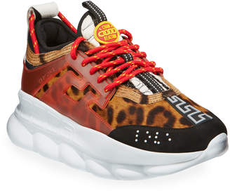 Versace Men's Chain Reaction Greek Key-Print Sneakers, Leopard