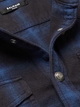 Balmain Slim-Fit Grandad-Collar Distressed Dip-Dyed Checked Cotton-Flannel Shirt