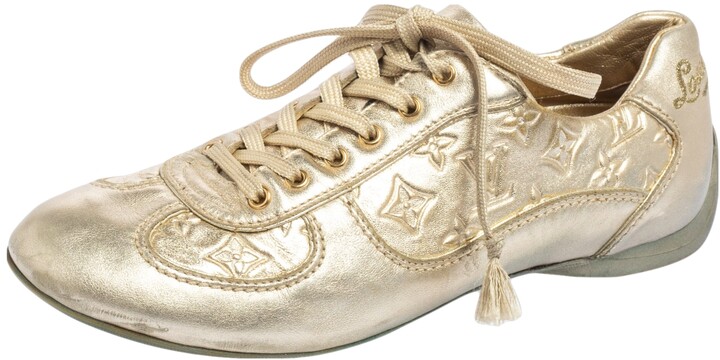 Louis Vuitton Metallic Gold Monogram Embossed Leather Trainers Sneakers Size 36