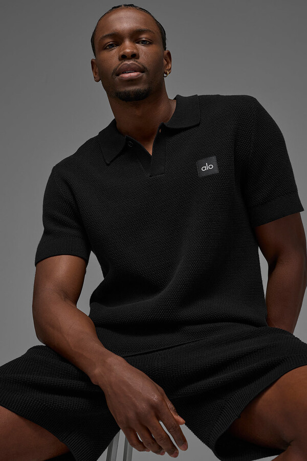 ALO | Sports Club Sweater Knit Polo Top in Black, Size: XL