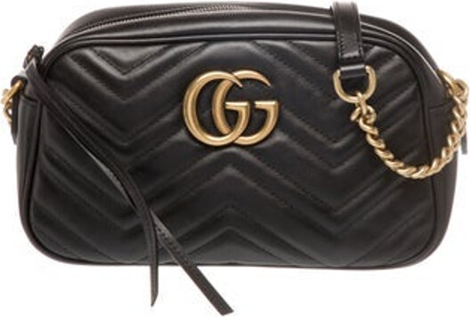 Gucci Crossbody Bag Black Leather Double G Logo Antiqued Gold-Tone Hardware Single Adjustable Shoulder Strap Chain-Link Accents Suede Lining & Single Interior Pocket Zip Closure at Top Unfortunately, due to restrictions, this item may not be eligible for shipping in all areas.