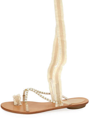 Rene Caovilla Pearlescent Ribbon Flat Sandals, Beige