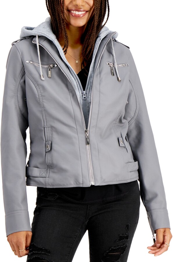 leather jacket with grey hood