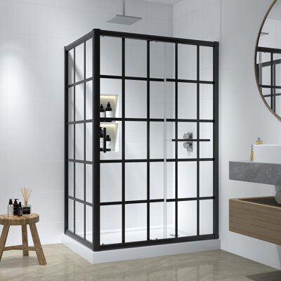 Borealis Cyrus 48" W x 34" D x 72" H Rectangle Aluminum Framed Black-Grid Single Sliding Shower Enclosure with Heat Soaking Process and Protective Coating Trea