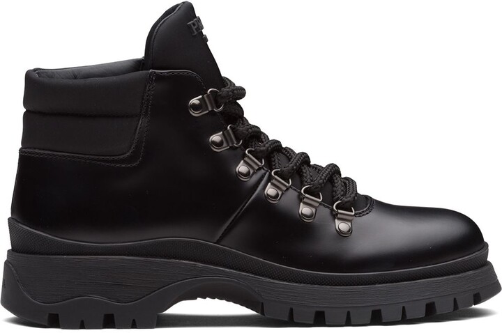 Prada Brixxen 38 Shearling-Lined Leather & Nylon Hiking Boots - ShopStyle  Lace up Booties