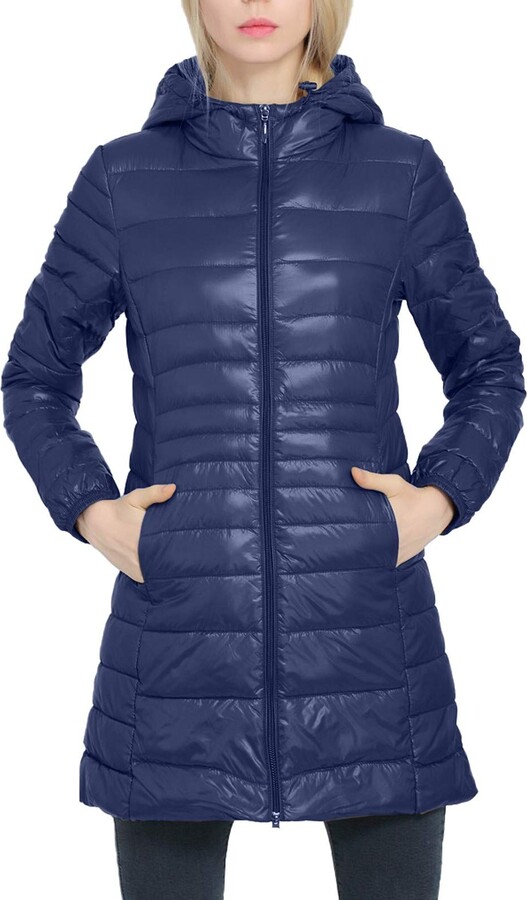 long navy down coat
