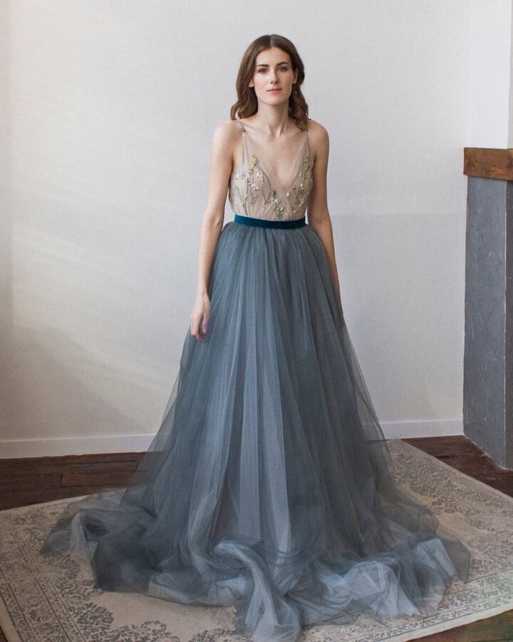Dark Blue Wedding Dress, Tulle Bridal Full Bridal Bow Sash Wedding Separate // Valerie