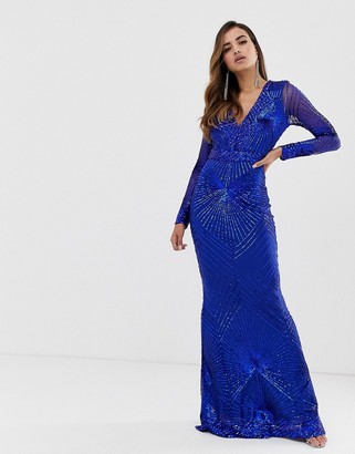 Goddiva plunge embellished sequin maxi dress with long sleeves in colbalt-Blue