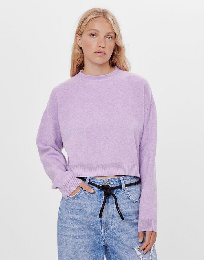 Bershka compact knit crew neck sweater in lilac marl - ShopStyle