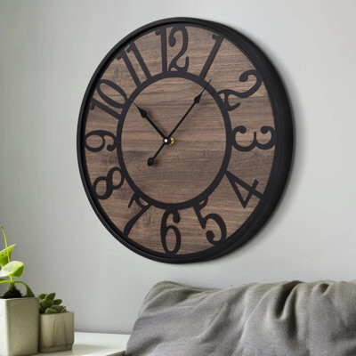17 Stories Mcgowan 24 Inch Large Wall Clock For Living Room, Silent Non-Ticking Battery Operated Round Modern Wood Wall Clock With Arabic Numbers, Black, Vintage