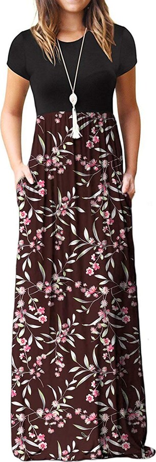 Womens Loose Plain Casual Maxi Dress Floral Print Plain Dress Pocket Striped Swing Shift Dress 