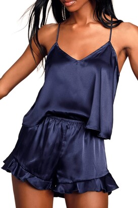 CHYRII Women's Sexy Silk Satin Ruffled Pajamas Sets Cami Shorts Sets Sleepwear