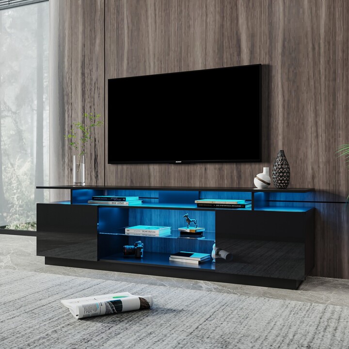 NINEDIN Black LED TV Console for 80" TV Stands High Glossy Front TV