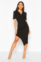 Thumbnail for your product : boohoo Wrap Front Ruched Side Asymetric Midi Dress