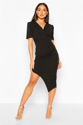 boohoo Wrap Front Ruched Side Asymetric Midi Dress
