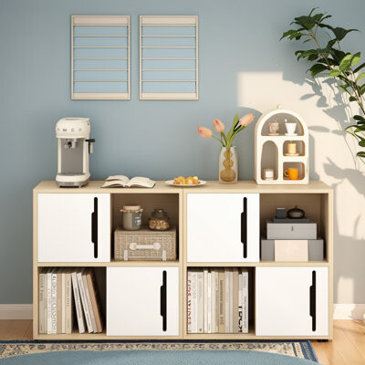 Ebern Designs Wooden Storage Cabinet with Sliding Doors 2-Tier Open and Closed Shelf Organizer