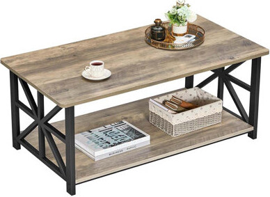 Coffee Table With Round Corner, Farmhouse Center Table With 2-Tier Storage Shelf X-Frame Design For Living Room, 39 Inch Black