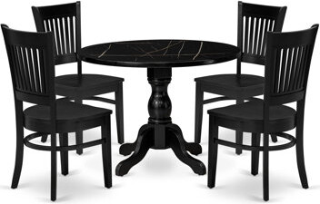 4C254CB3519A46B48A1D8AD3B4FC3306 5-Piece Dining Room Set includes a round pedestal kitchen table and 4 slatted-back modern chairs, Linen finish.