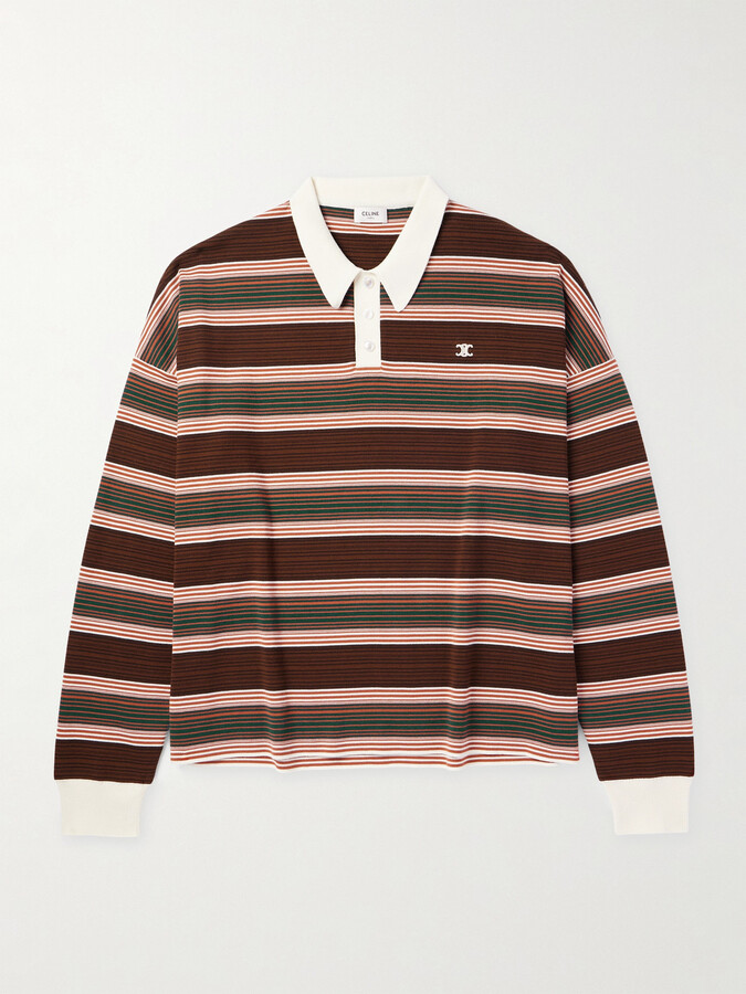 Celine Logo-Embroidered Striped Cotton Polo Shirt