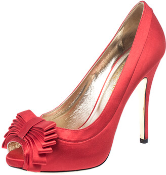 red satin peep toe heels