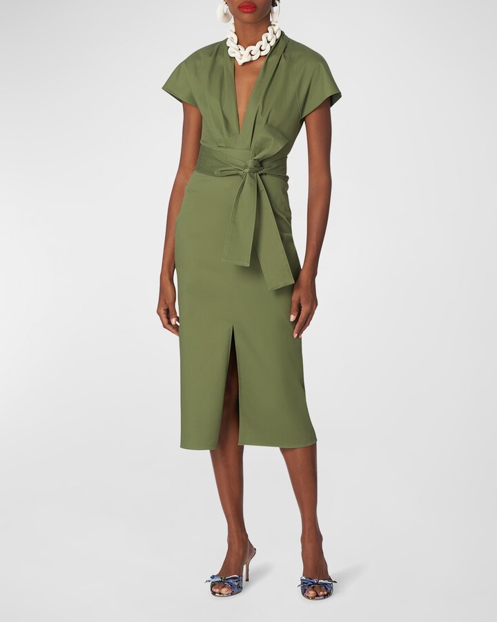 Carolina Herrera Plunging WaistSash FrontSlit Midi Dress ShopStyle