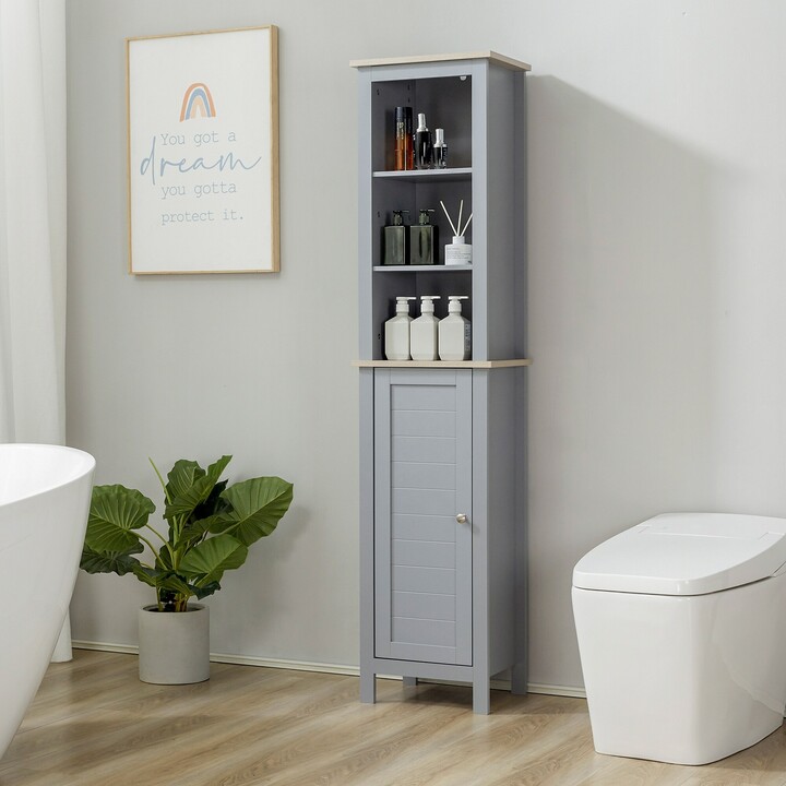 kleankin Bathroom Floor Storage Cabinet with 3 Tier Shelf and Cupboard with Door, Tall Slim Side ...