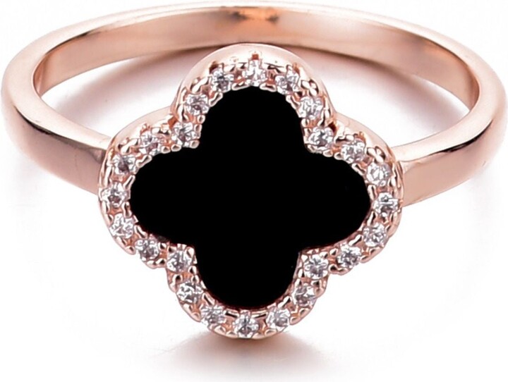 14k Rose Gold Plated Black Halo CZ Clover Ring