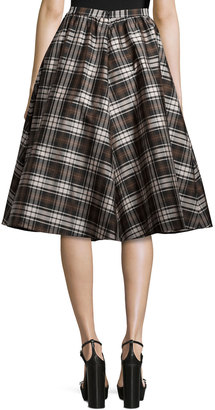 Michael Kors Collection High-Waist Plaid Full Skirt, Black/Nutmeg