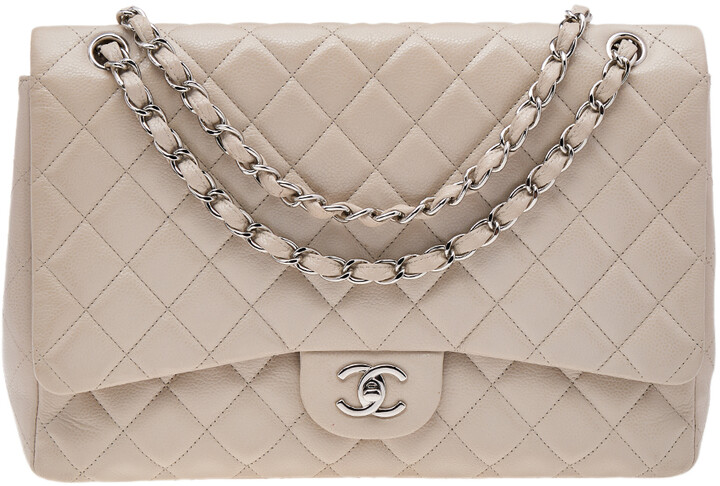 Chanel Large Quilted Caviar Classic Single Flap Shoulder Bag in Beige