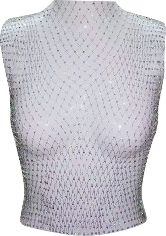 Frobukio Women Sexy Diamond Mesh Tank Tops Glitter Rhinestone