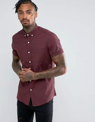 ASOS Casual Slim Oxford Shirt With Stretch In Burgundy