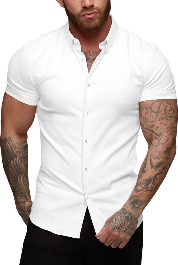 URRU Men's Muscle Dress Shirts Slim Fit Stretch Short Sleeve Casual