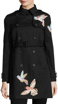 RED Valentino Double-Breasted Trench Coat w/ Embroidered Hummingbirds, Nero