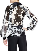 Thumbnail for your product : Carolina Herrera Silk Long-Sleeve Floral Blouse, Black/White