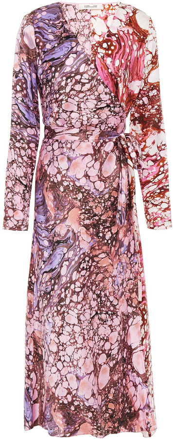 Diane von Furstenberg Tilly Marbled Silk-satin Midi Wrap Dress