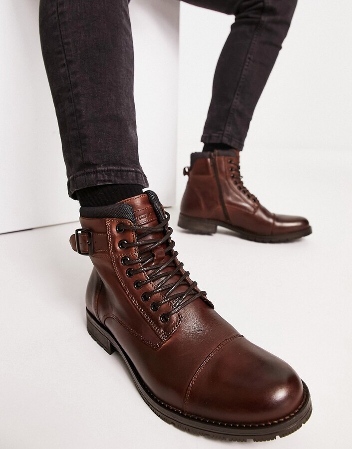 Jack and Jones leather lace up boots with cuff in brown - ShopStyle