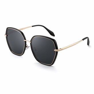 JIM HALO Oversized Polarized Sunglasses for Women Polygon Designer Shades UV400 (Black Gold Frame/Ploarized Grey Lens)